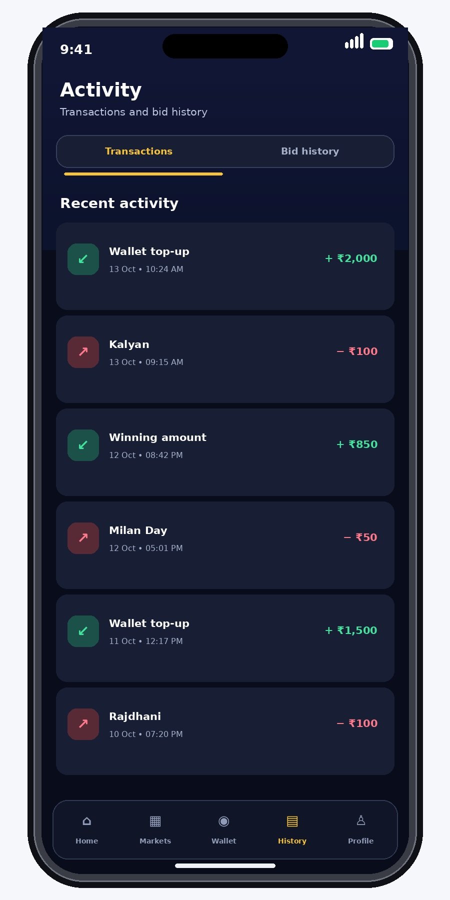 TS CLUB transaction and bid history screen