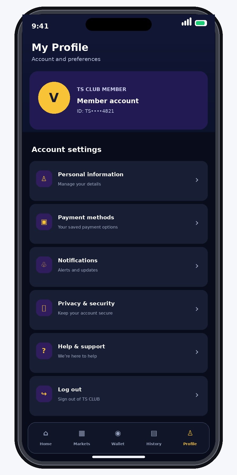 TS CLUB profile screen